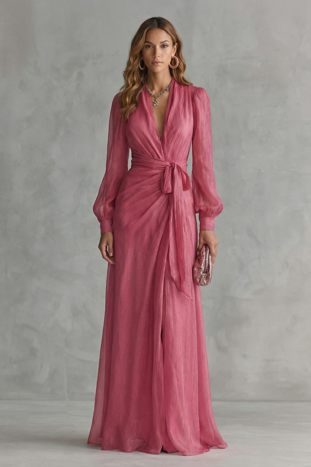 Rosalind | Maxi Wrap Dress Rose Pink Chiffon Deep V-Neck for Women
