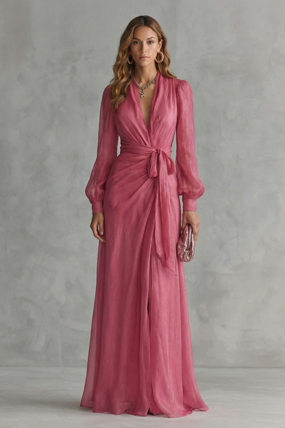Rosalind | Maxi Wrap Dress Rose Pink Chiffon Deep V-Neck for Women