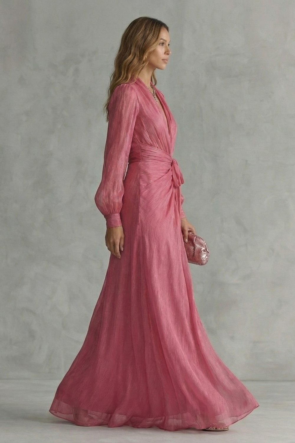 Rosalind | Maxi Wrap Dress Rose Pink Chiffon Deep V-Neck for Women