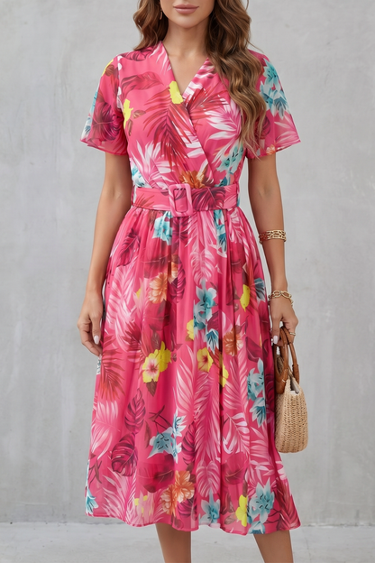 Rosalba | Midi Dress Pink Tropical Floral Belted A-Line for Women