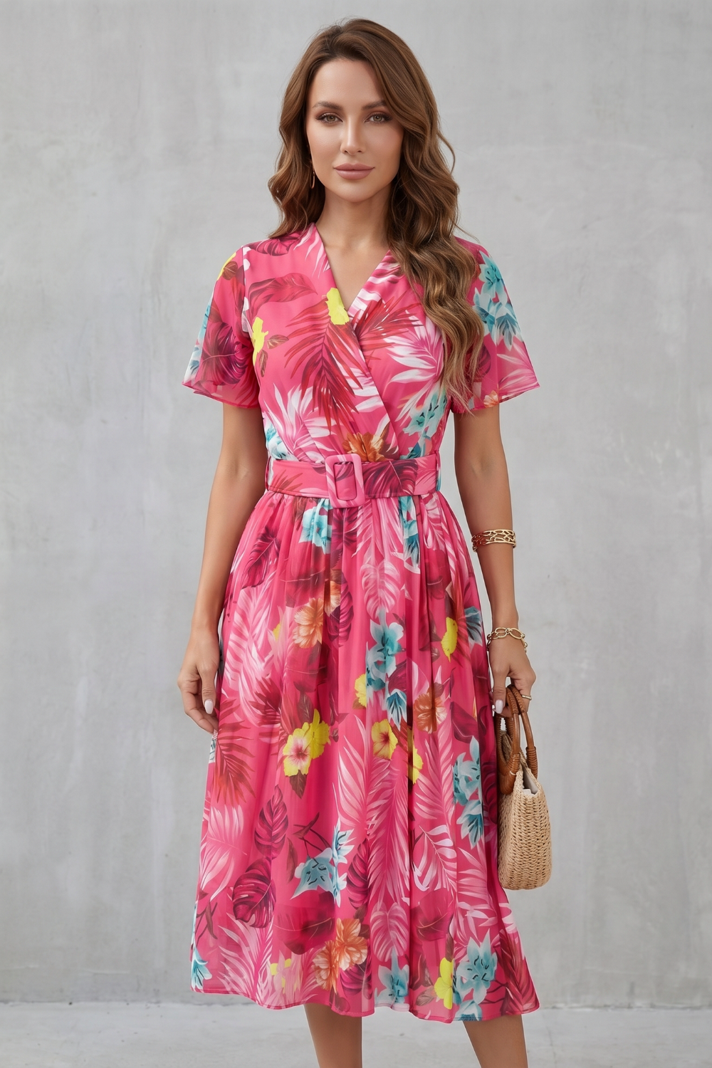 Rosalba | Midi Dress Pink Tropical Floral Belted A-Line for Women