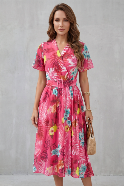 Rosalba | Midi Dress Pink Tropical Floral Belted A-Line for Women