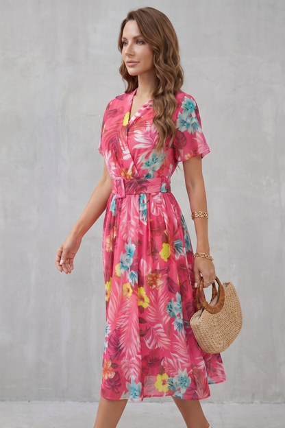 Rosalba | Midi Dress Pink Tropical Floral Belted A-Line for Women
