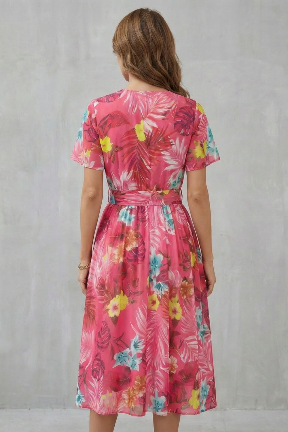 Rosalba | Midi Dress Pink Tropical Floral Belted A-Line for Women