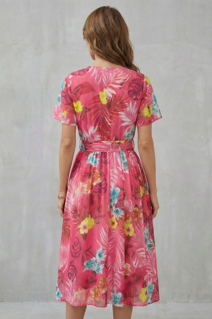Rosalba | Midi Dress Pink Tropical Floral Belted A-Line for Women