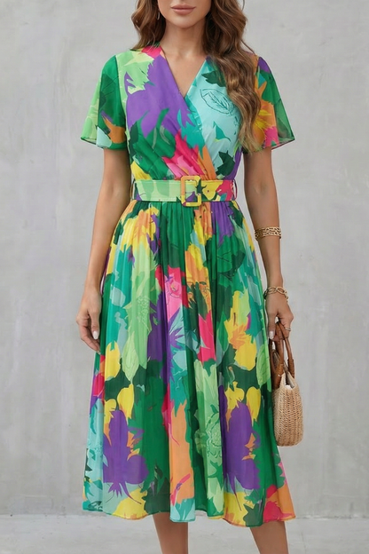 Rosalba | Midi Dress Pink Tropical Floral Belted A-Line for Women