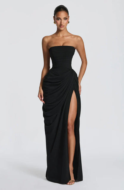Cynthia | Maxi Dress Yellow Draped Strapless High Slit for Women