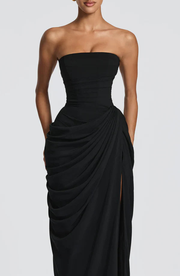 Cynthia | Maxi Dress Yellow Draped Strapless High Slit for Women
