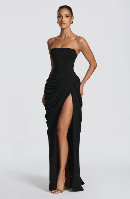 Cynthia | Maxi Dress Yellow Draped Strapless High Slit for Women