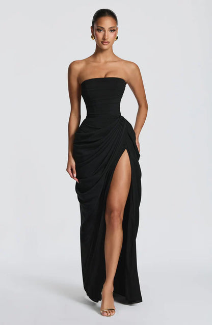 Cynthia | Maxi Dress Yellow Draped Strapless High Slit for Women