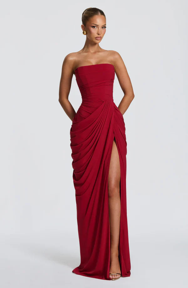 Cynthia | Maxi Dress Yellow Draped Strapless High Slit for Women