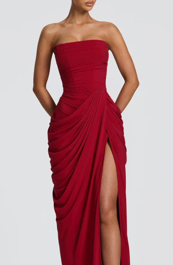 Cynthia | Maxi Dress Yellow Draped Strapless High Slit for Women