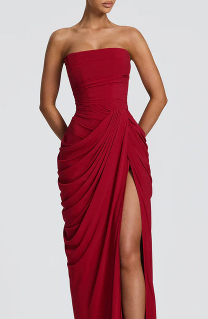 Cynthia | Maxi Dress Yellow Draped Strapless High Slit for Women