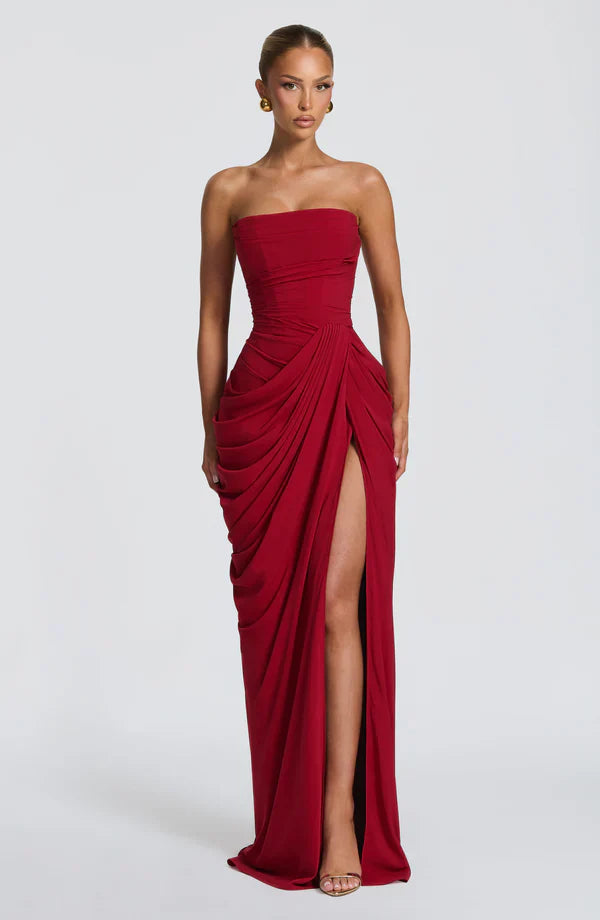 Cynthia | Maxi Dress Yellow Draped Strapless High Slit for Women