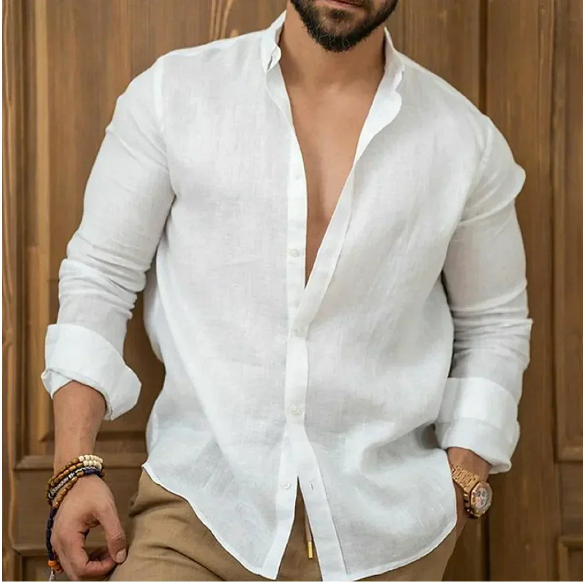 George | Linen Shirt Stone Button-Down Long Sleeve for Men