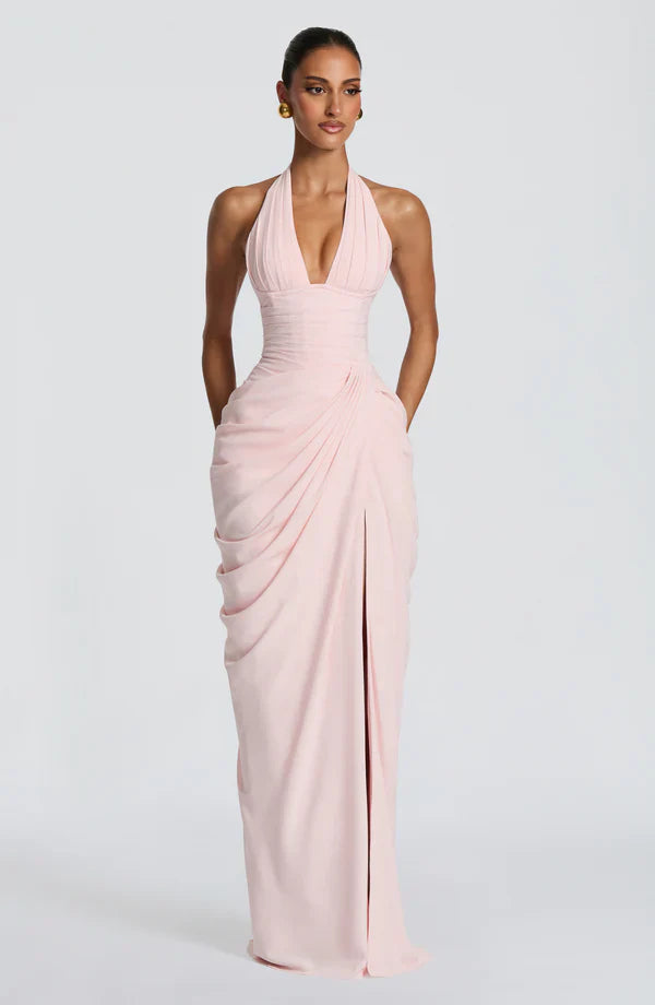 Elspeth | Maxi Halter Dress Deep Red Ruched Draped for Women