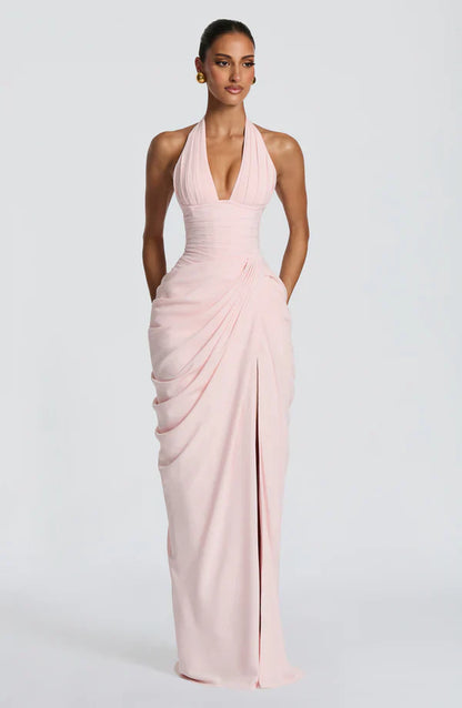 Elspeth | Maxi Halter Dress Deep Red Ruched Draped for Women