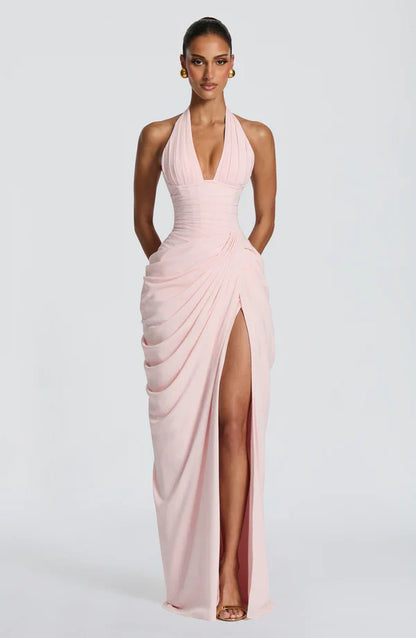 Elspeth | Maxi Halter Dress Deep Red Ruched Draped for Women