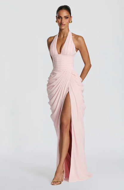 Elspeth | Maxi Halter Dress Deep Red Ruched Draped for Women