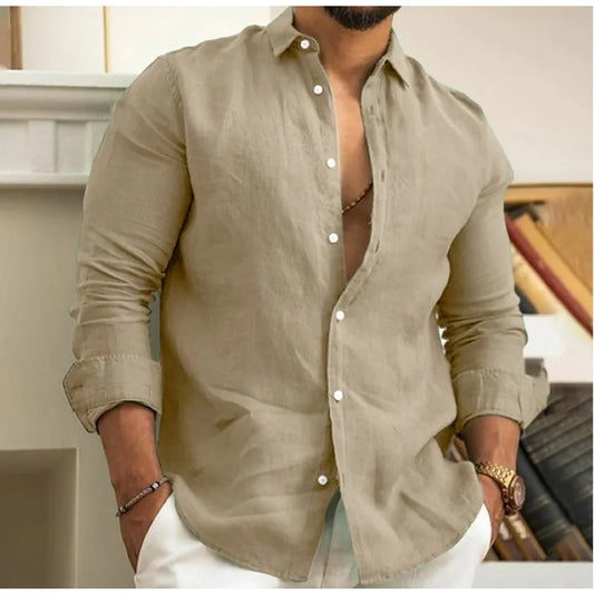 George | Linen Shirt Stone Button-Down Long Sleeve for Men