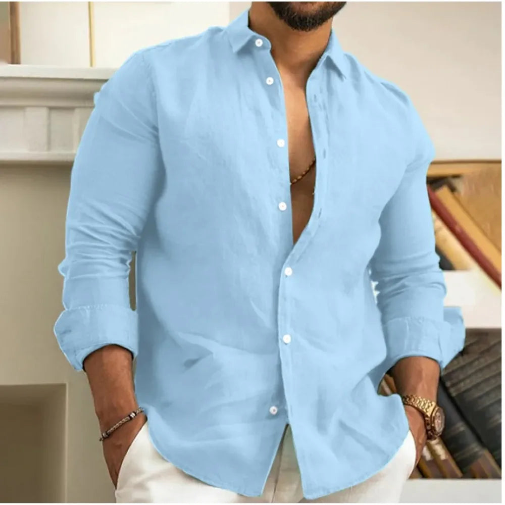 George | Linen Shirt Stone Button-Down Long Sleeve for Men