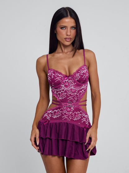 Elspeth | Mini Party Dress Magenta Lace Corset Ruffle for Women