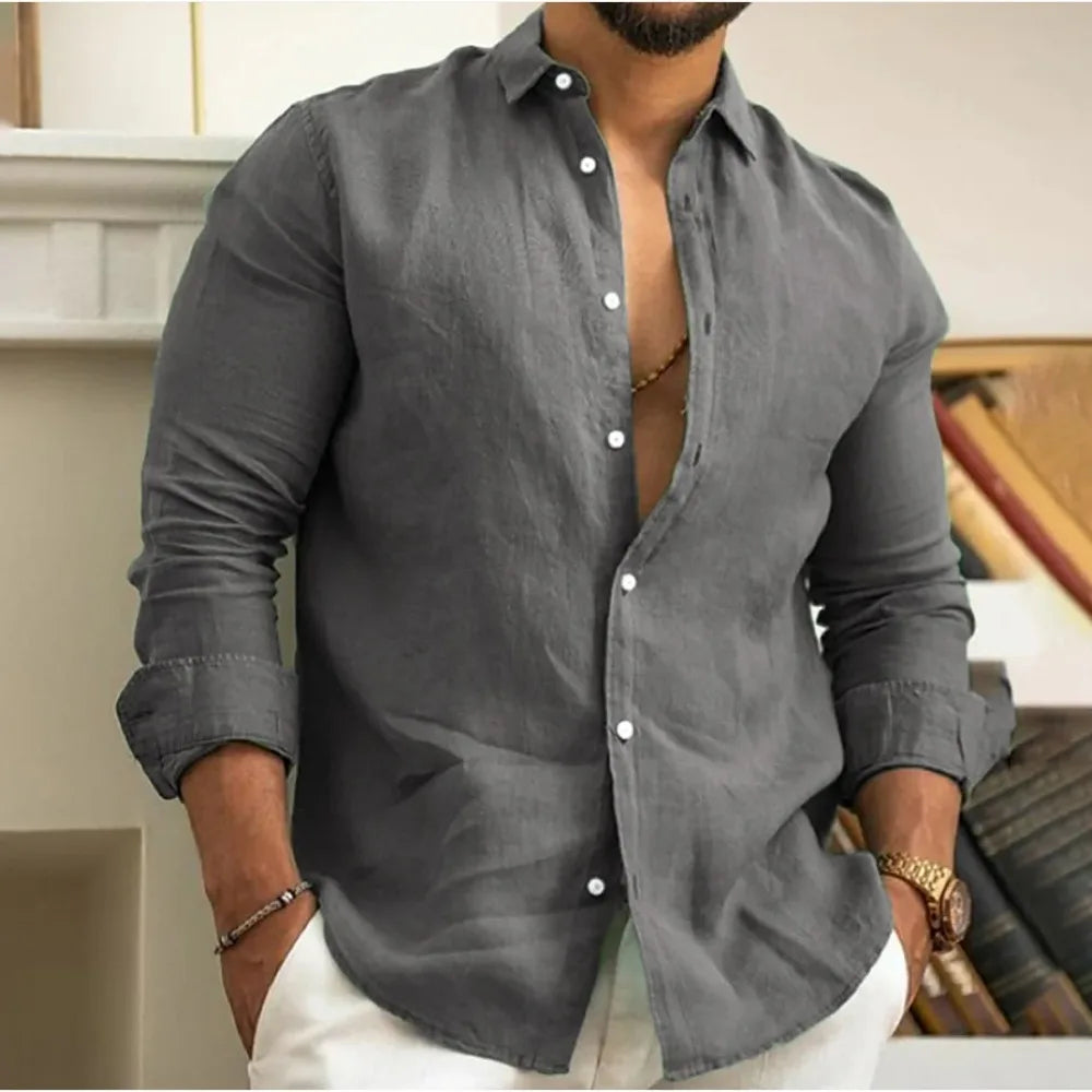 George | Linen Shirt Stone Button-Down Long Sleeve for Men