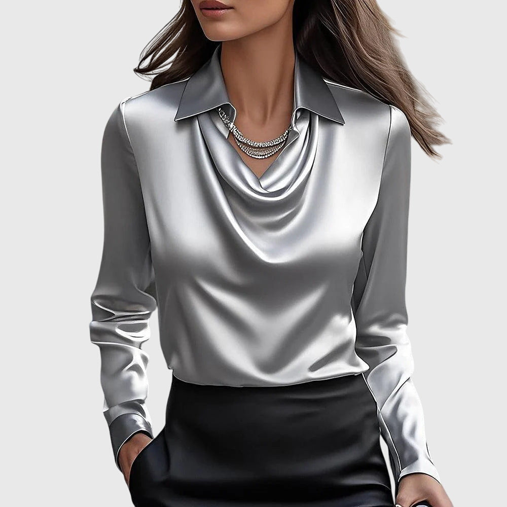 Selene | Long Sleeve Blouse Champagne Satin Cowl Neck Collar for Women