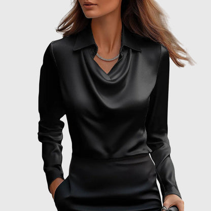 Selene | Long Sleeve Blouse Champagne Satin Cowl Neck Collar for Women