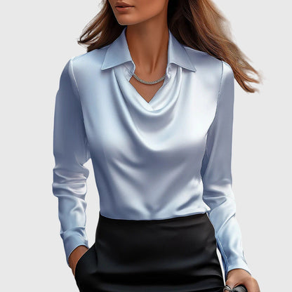 Selene | Long Sleeve Blouse Champagne Satin Cowl Neck Collar for Women