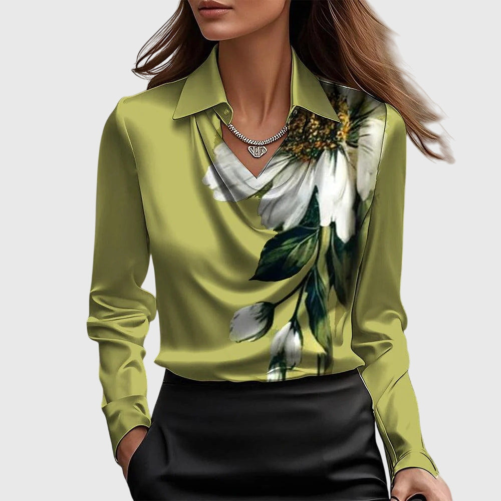 Selene | Long Sleeve Blouse Champagne Satin Cowl Neck Collar for Women