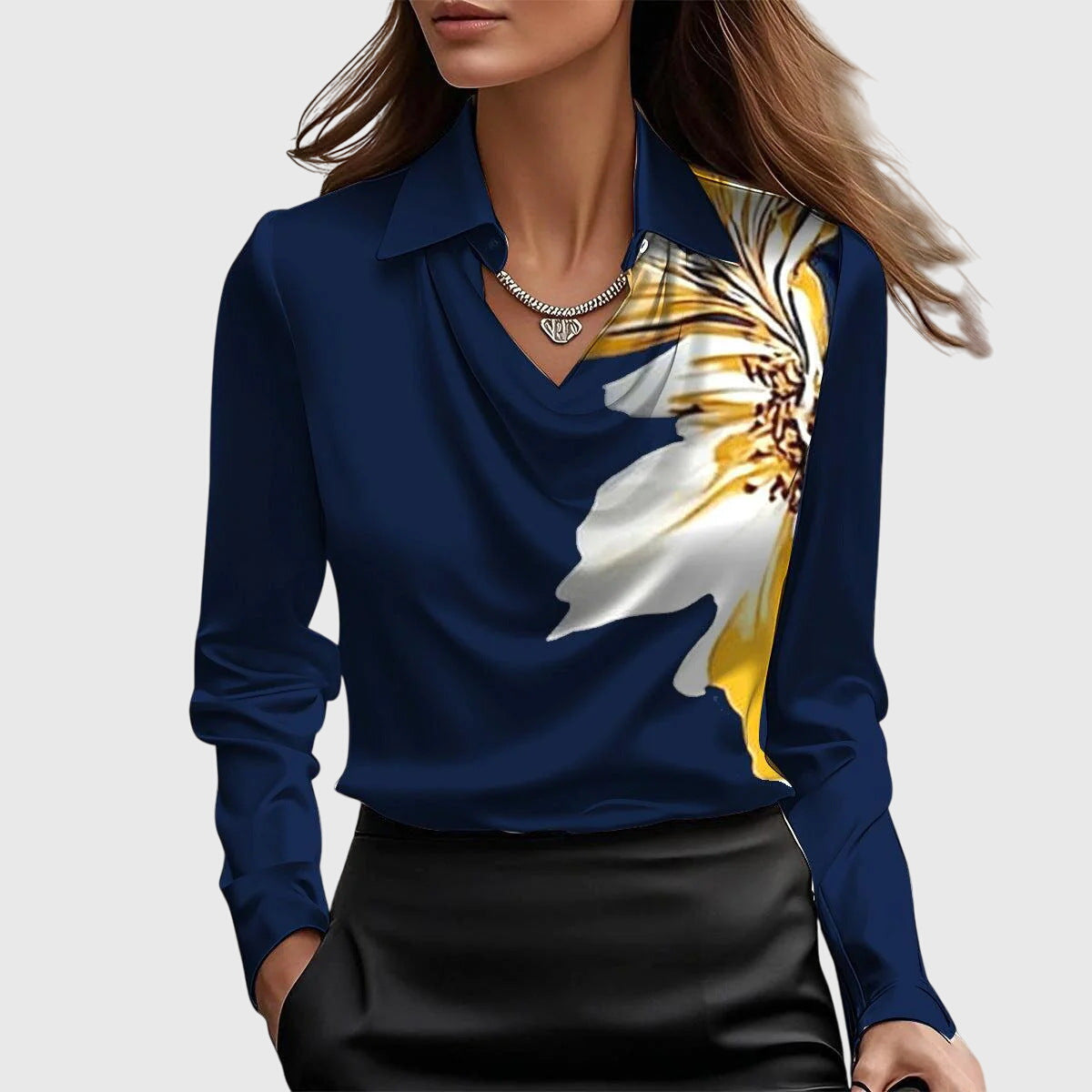 Selene | Long Sleeve Blouse Champagne Satin Cowl Neck Collar for Women
