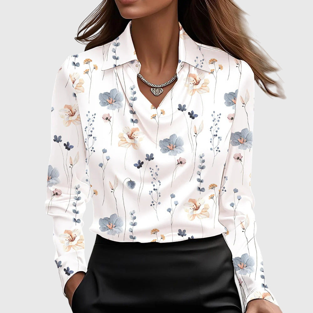 Selene | Long Sleeve Blouse Champagne Satin Cowl Neck Collar for Women