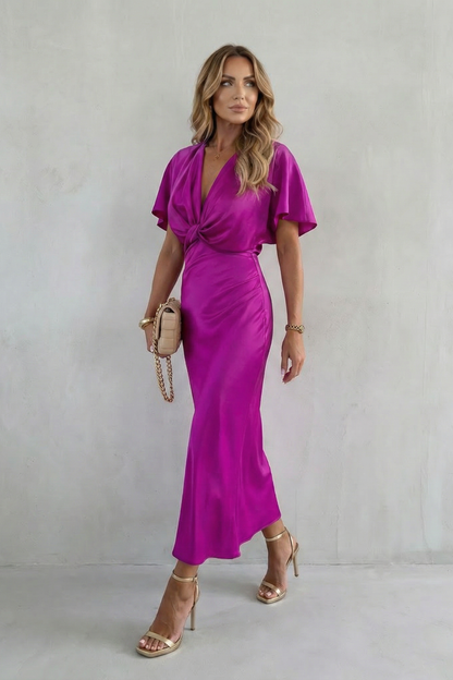 Rosalie | Midi Dress Purple Satin Twist-Knot V-Neck for Women