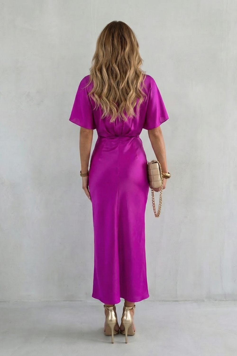 Rosalie | Midi Dress Purple Satin Twist-Knot V-Neck for Women