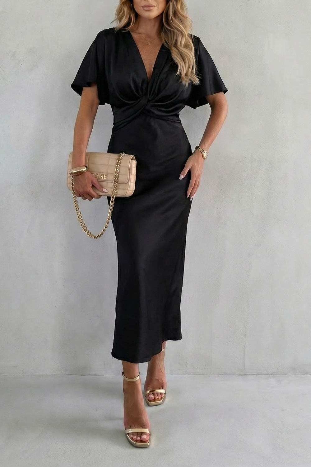 Rosalie | Midi Dress Purple Satin Twist-Knot V-Neck for Women