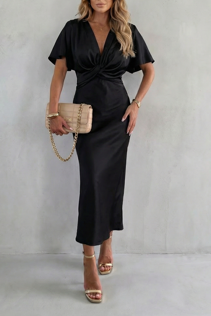 Rosalie | Midi Dress Purple Satin Twist-Knot V-Neck for Women