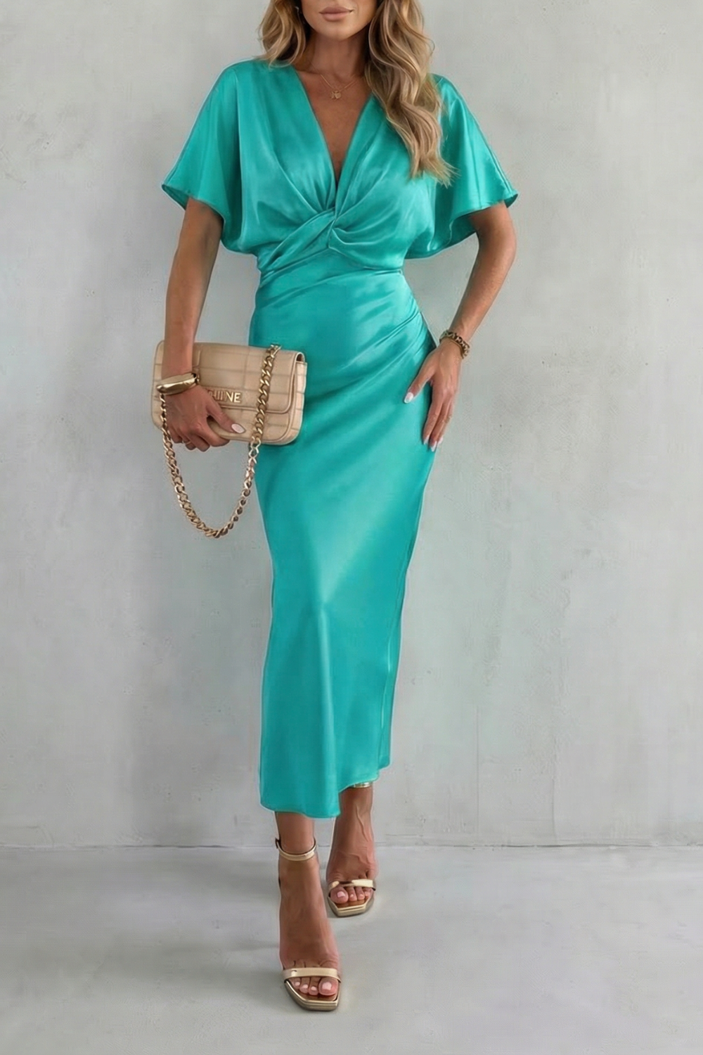 Rosalie | Midi Dress Purple Satin Twist-Knot V-Neck for Women