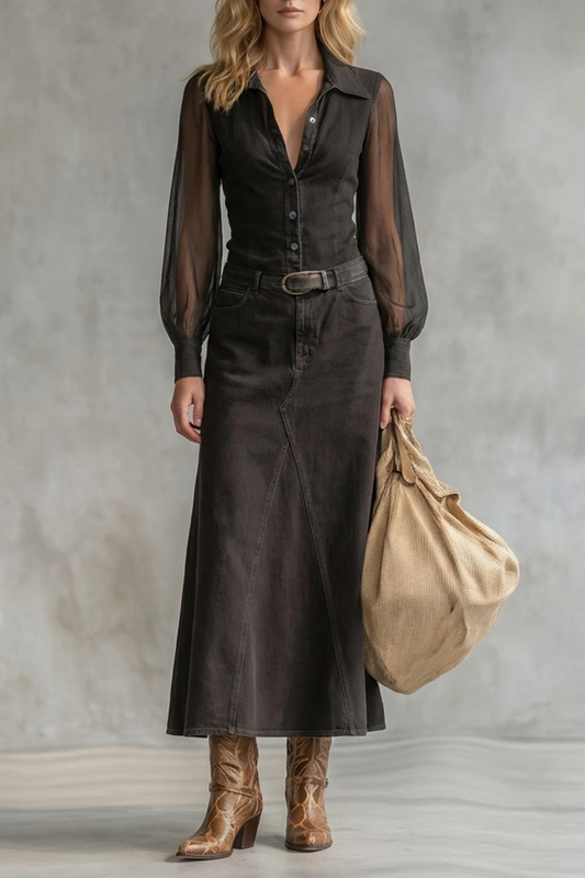 Harriet | Midi Shirt Dress Black Denim Sheer Sleeve Western for Women