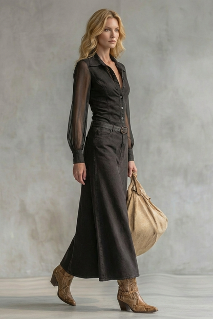 Harriet | Midi Shirt Dress Black Denim Sheer Sleeve Western for Women