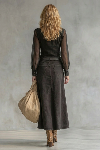 Harriet | Midi Shirt Dress Black Denim Sheer Sleeve Western for Women