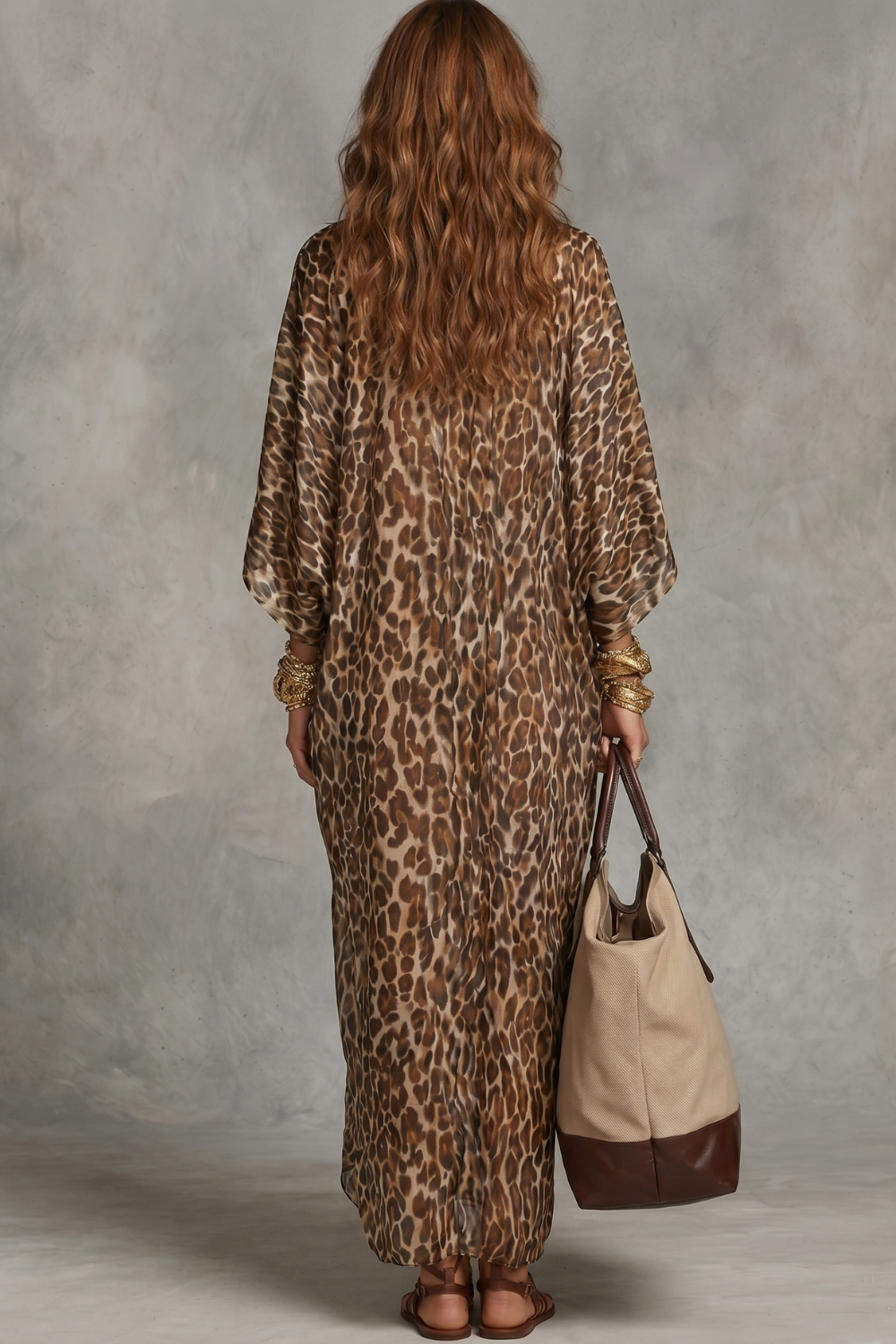 Lydia | Maxi Dress Brown Leopard Print Satin Twist-Front V-Neck for Women