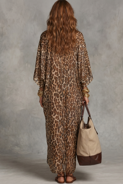 Lydia | Maxi Dress Brown Leopard Print Satin Twist-Front V-Neck for Women