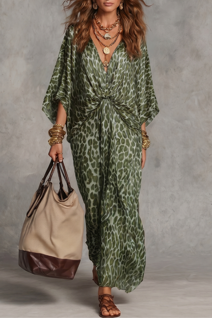 Lydia | Maxi Dress Brown Leopard Print Satin Twist-Front V-Neck for Women