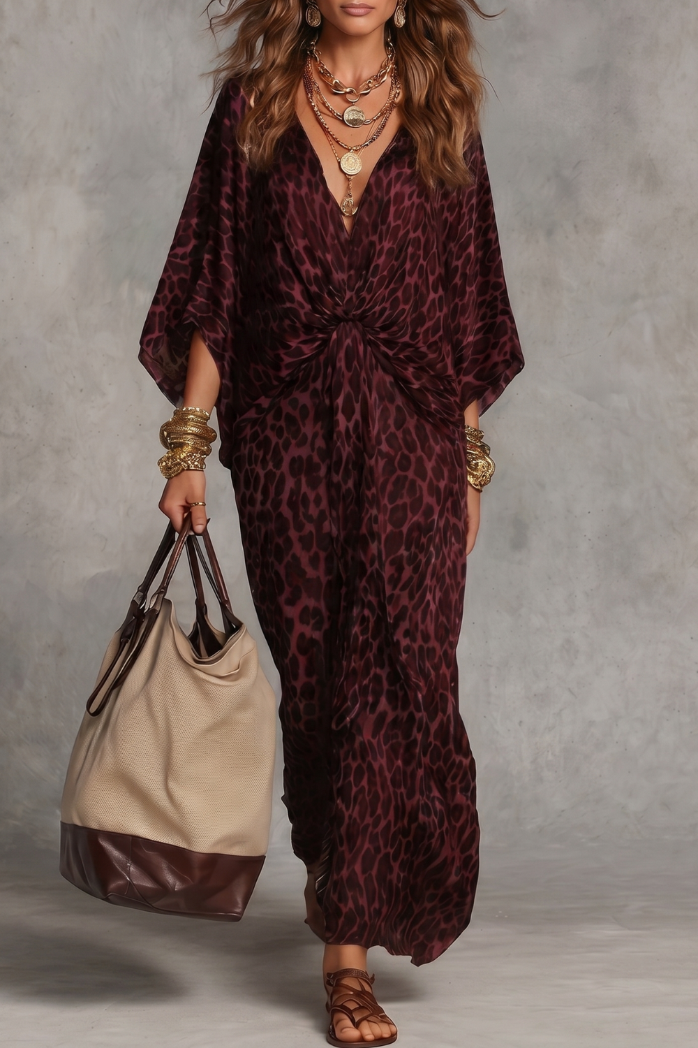 Lydia | Maxi Dress Brown Leopard Print Satin Twist-Front V-Neck for Women
