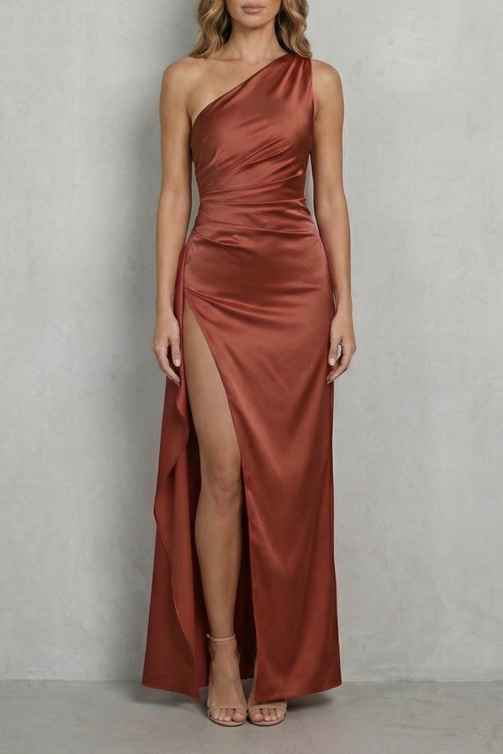 Rosalind | Maxi Evening Dress Magenta Satin One-Shoulder Ruched for Women