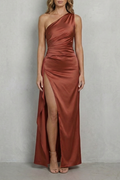 Rosalind | Maxi Evening Dress Magenta Satin One-Shoulder Ruched for Women