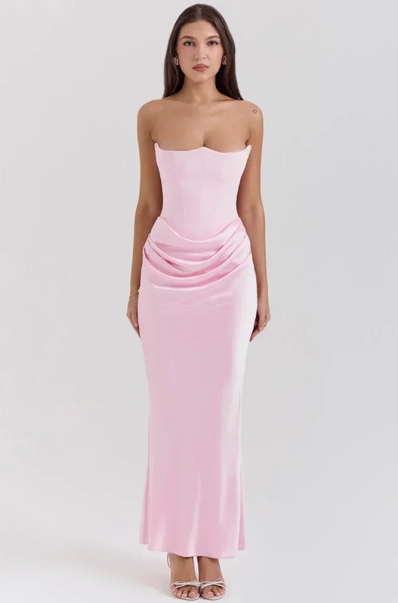 Prue | Maxi Party Dress Pink Satin Strapless Corset for Women