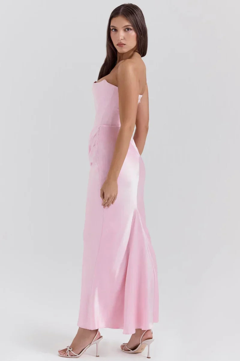 Prue | Maxi Party Dress Pink Satin Strapless Corset for Women