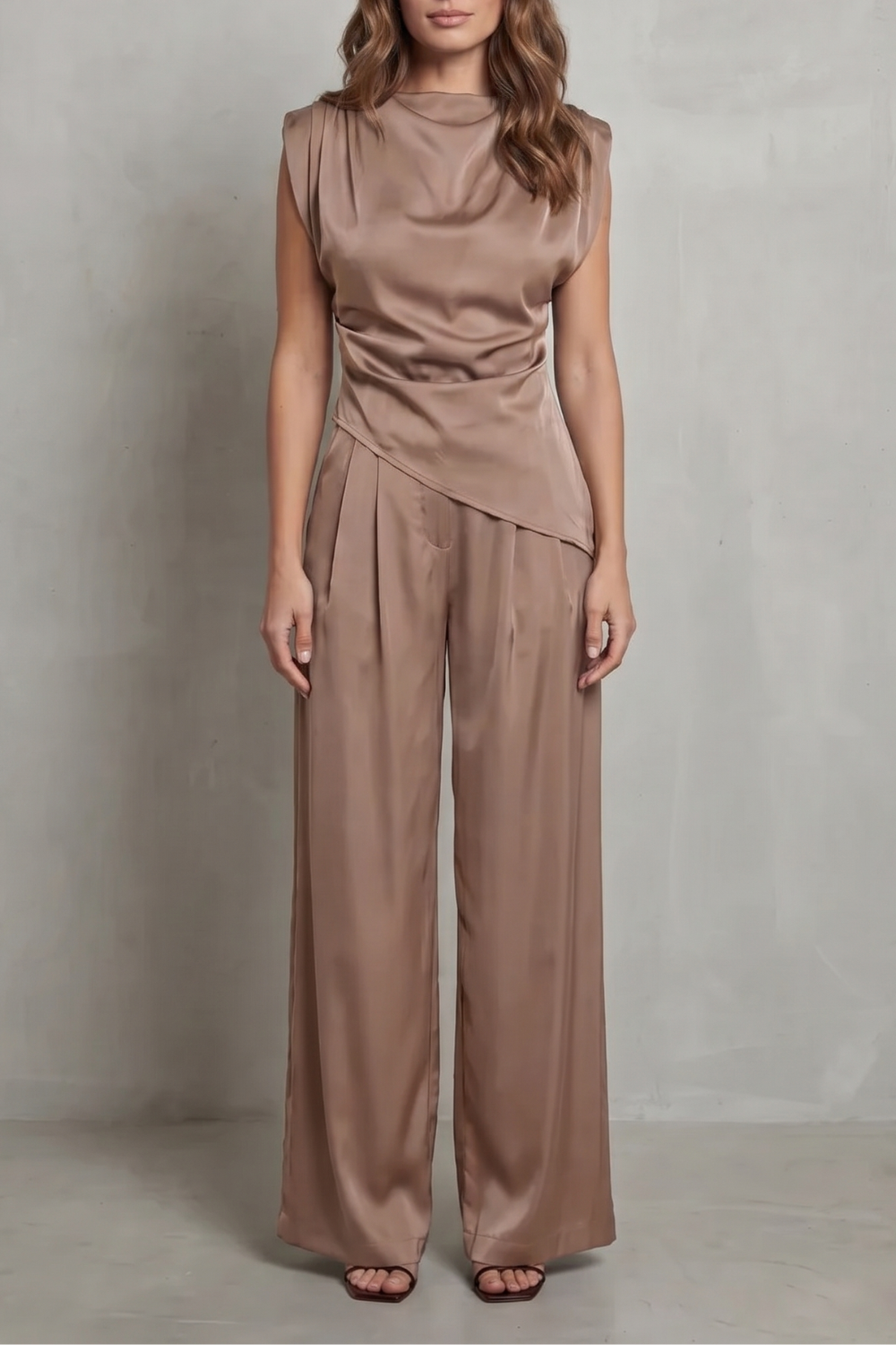 Guinevere | Sleeveless Co-Ord Set Charcoal Satin Draped Waist Wide-Leg for Women